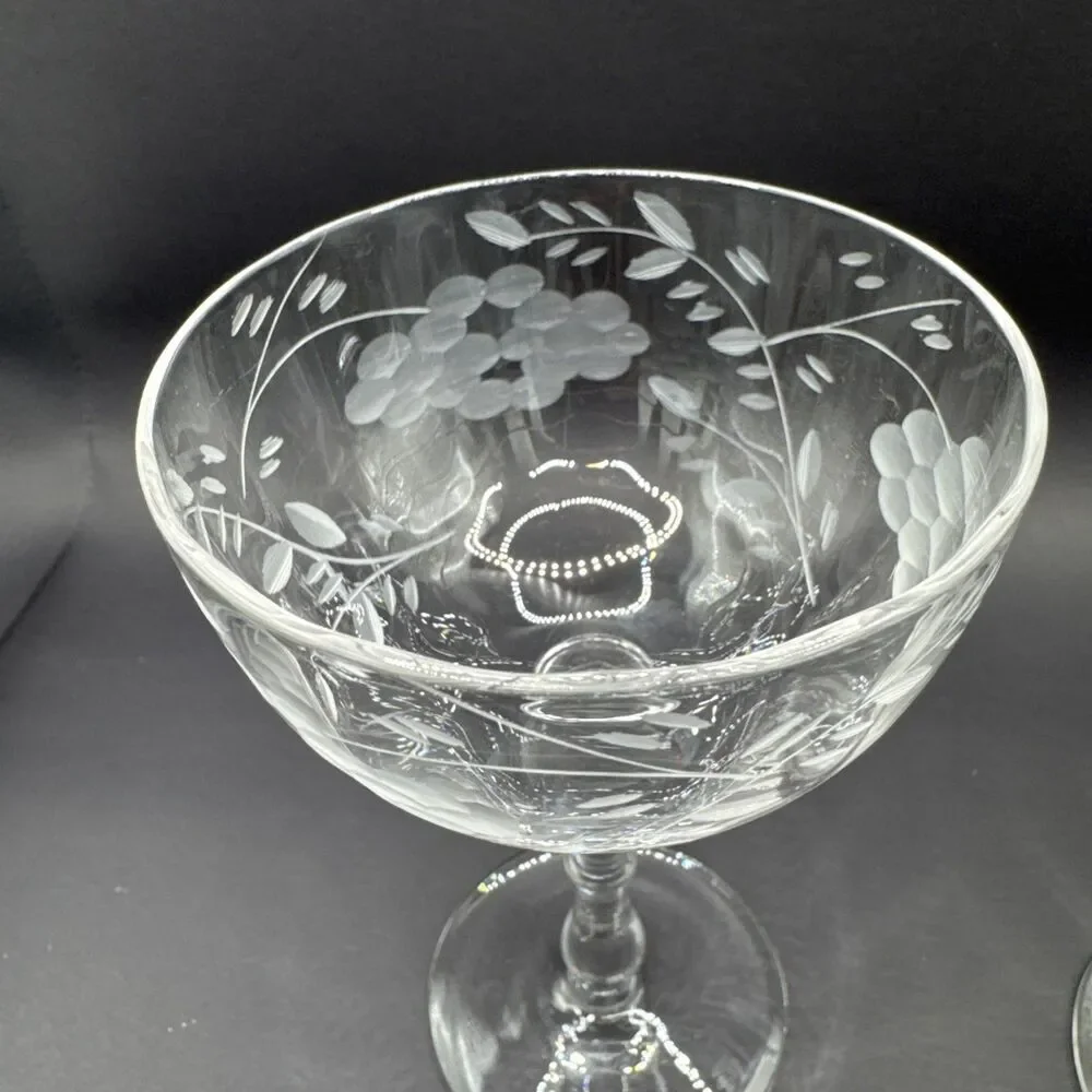 Set Of 2 Vintage Etched (Floral) Crystal Sherry Wine Cocktail Glasses 6”